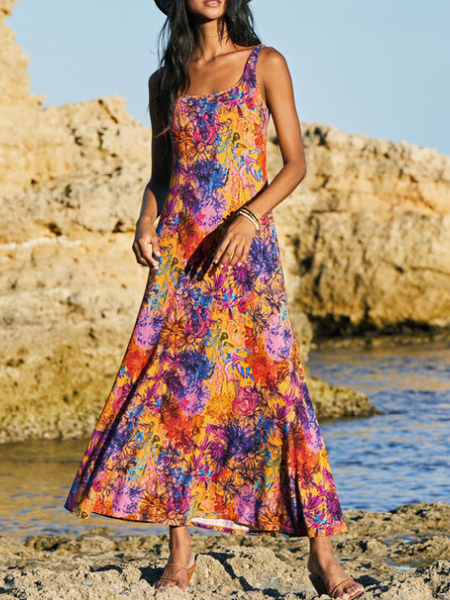 

Crew Neck Vacation Loose Color Block Tank Dress, Multicolor, Dresses