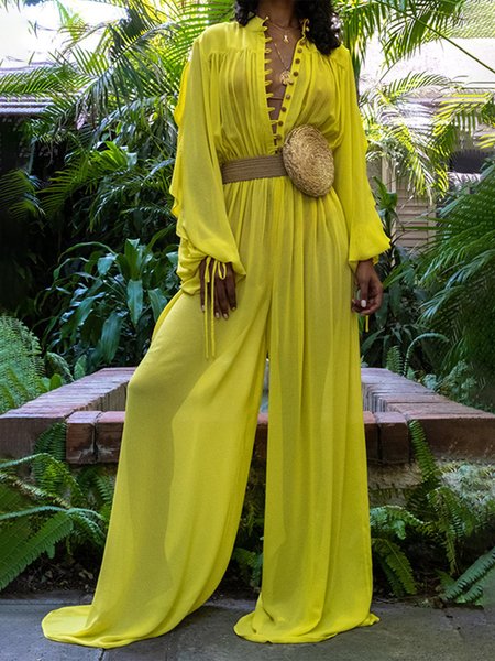 

Long sleeve Chiffon Plain Loose Jumpsuit, Yellow, Jumpsuits