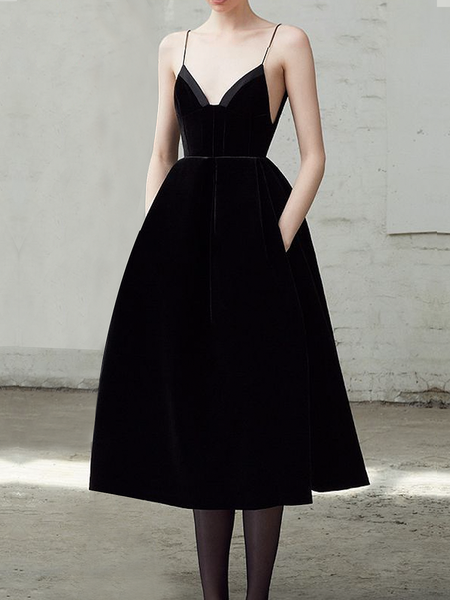 

Regular Fit Elegant V neck Sleeveless Plain Party Long Dress, Black, Maxi Dresses