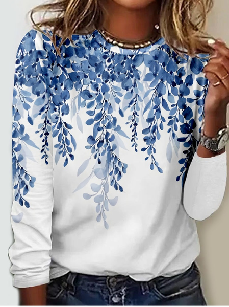 

Women's Art Painting Print Crew Neck Casual Shirt, Blue, Long sleeves