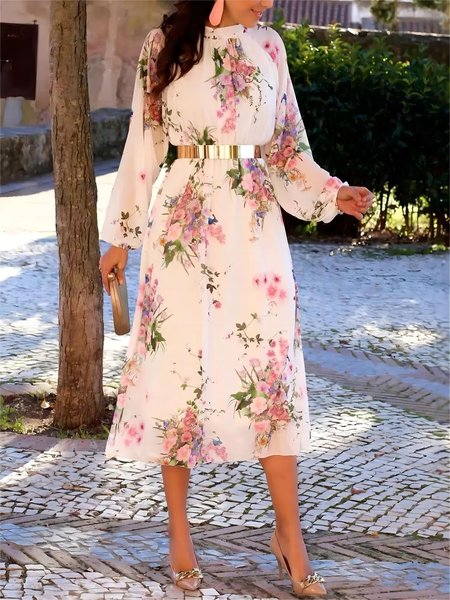 

Regular Fit Vacation Stand Collar Floral Dress, As picture, Midi Dresses