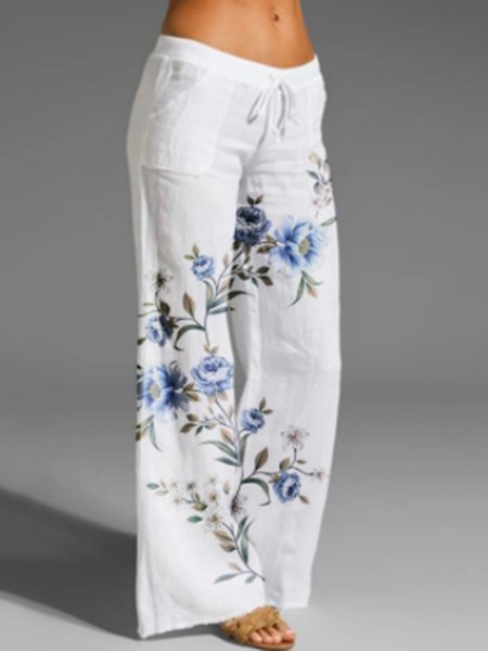 

Loose Cotton And Linen Floral Casual Pants, White, Pants