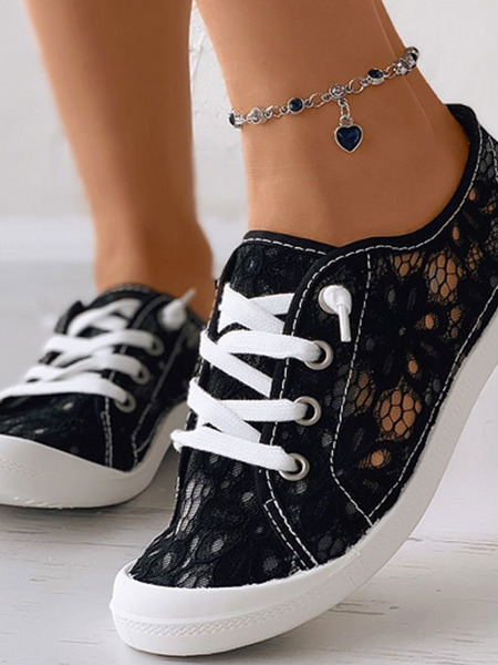 

Lace Floral Casual Lace-Up Canvas Shoes, Black, Sneakers
