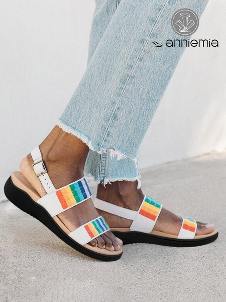 

Rainbow Embroidery Comfy Sole Vacation Strappy Sandals, White, Sandals