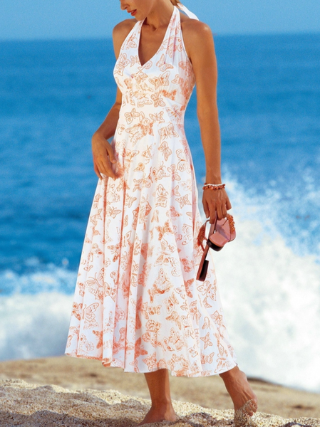 

Casual Halter Regular Fit Floral Dress, White, Dresses