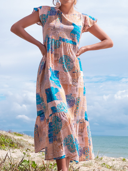 

Floral Boho Regular Fit Crew Neck Dress, Multicolor, Midi Dresses