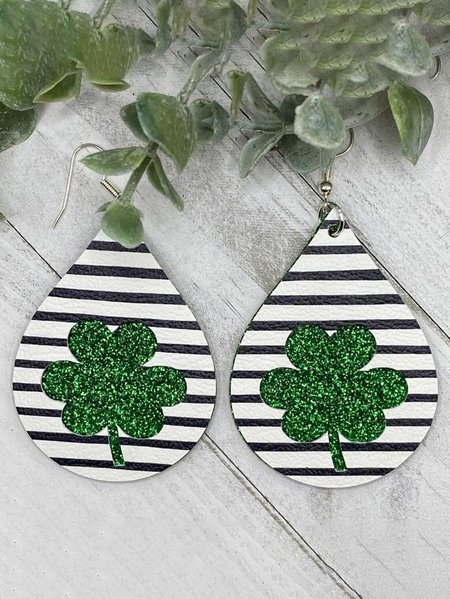 

St. Patrick Clover Plaid Leather Earrings Holiday Party Jewelry Irish Festival, White, Earrings