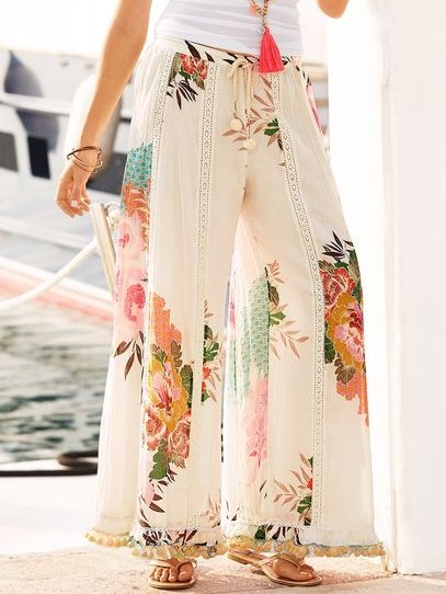 

Loose Cotton-Blend Floral Casual Fashion Pants, Apricot, Pants
