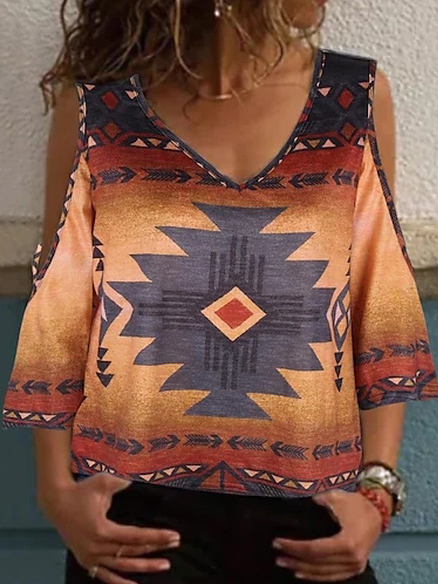 

Cold Shoulder Ethnic Ethnic T-Shirt, Multicolor, T-Shirts