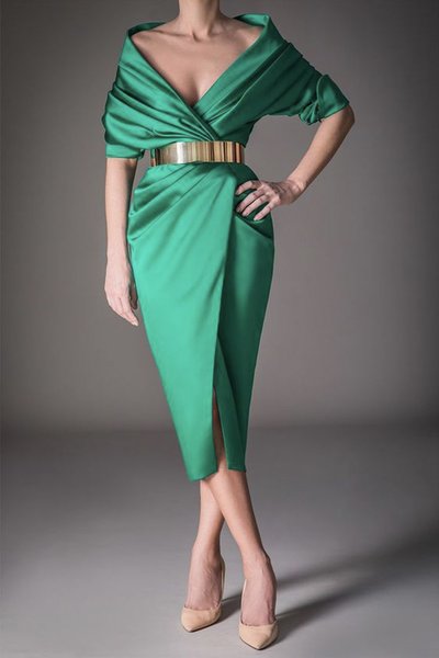 

Half sleeve V Neck Elegant Regular Fit Satin Dress, Green, Midi Dresses
