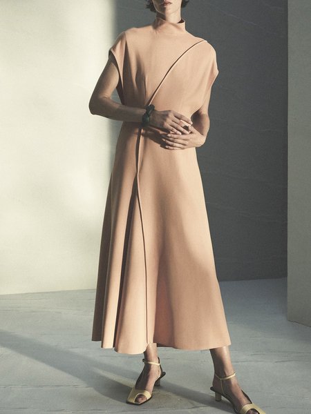 Elegant Stand Collar Short Sleeve Plain Dress, Light khaki, Maxi Dresses