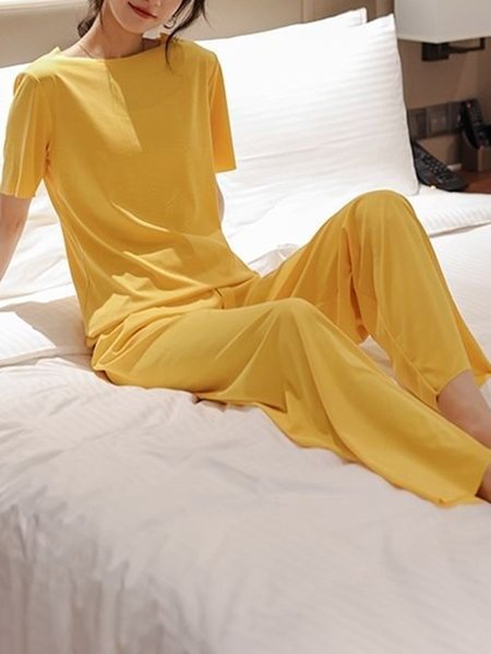 

Soft and Comfortable Round Neck Short Sleeve Trousers Loose Casual Homewear Set, Yellow, Loungewear & Sleepwear