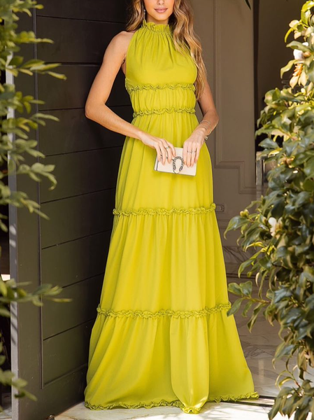 

Regular Fit Elegant Stand Collar Dress, Green, Maxi Dresses