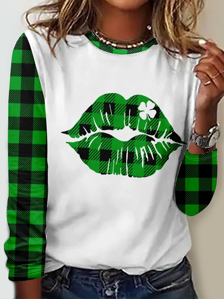 

Women's St. Patrick's Day Green Buffalo Plaid Funny Graphic Printing Plants Crew Neck Regular Fit Casual Shirt, As picture, Long sleeves