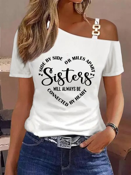 

Metal Text Letters Casual Asymmetrical T-Shirt, White, T-Shirts