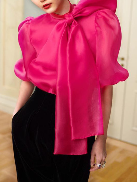 Loose Stand Collar Short sleeve Elegant Shirt, Rose red, Blouses and Shirts
