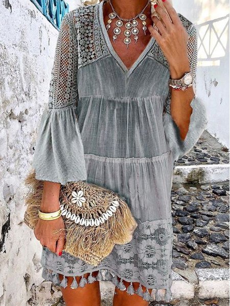 

Plain Cotton Boho V Neck Dress, Gray, Dresses
