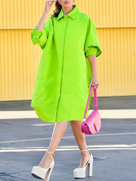 

Plain Loose Shirt Collar Casual Dress, Green, Mini Dresses