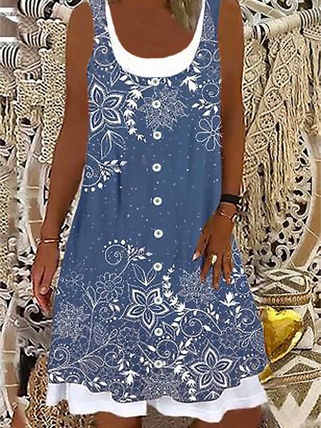 Casual Scoop Neck Floral Loose Dress, Blue, Dresses