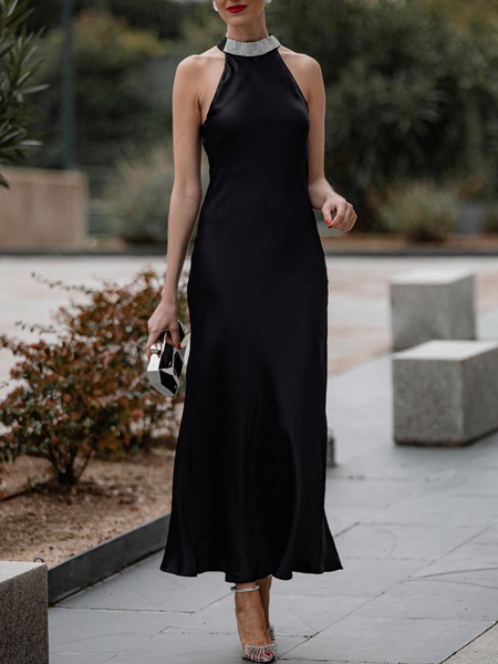 

Hot Drilling Satin Elegant Plain Party Dress, Black, Maxi Dresses