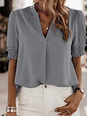 

V Neck Loose Casual Plain Shirt, Gray, Blouses & Shirts