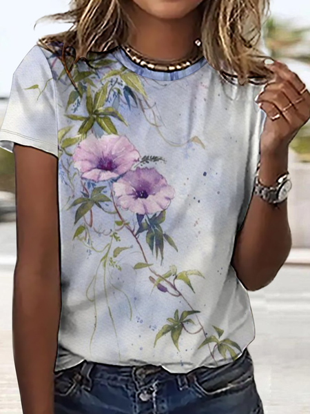 

Women's Floral Simple T-Shirt, Blue, T-shirts