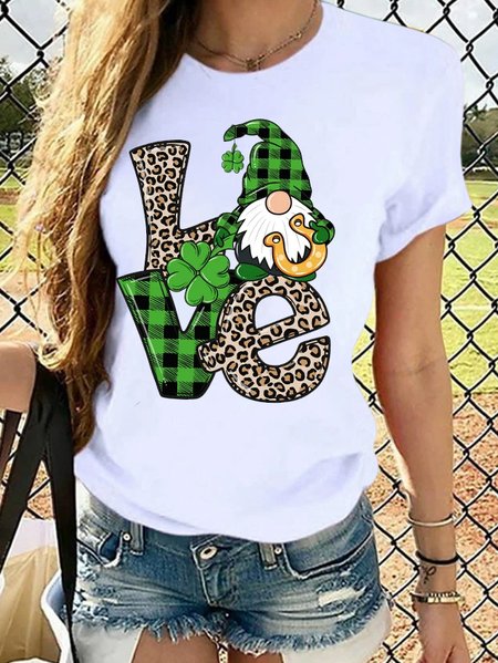 

Women's LOVE Patrick Day Gnomes Shamrock Lucky Casual T-Shirt, White, T-shirts