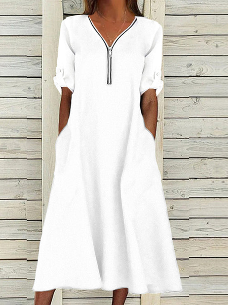 

Zipper Casual V Neck Plain Dress, White, Dresses