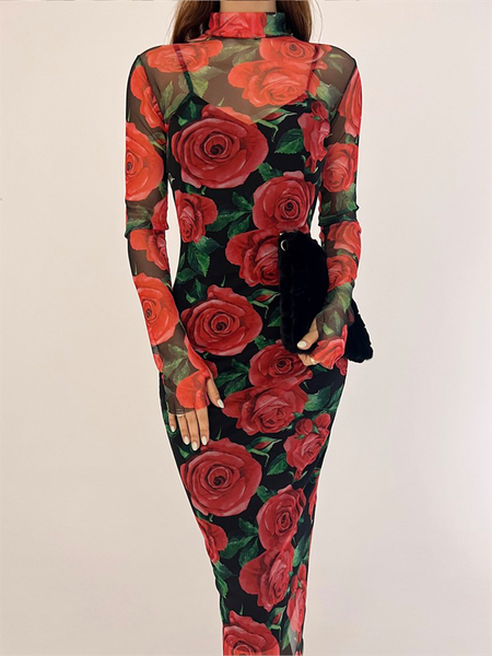 

Elegant Regular Fit Printing Floral Dress, Black, Midi Dresses