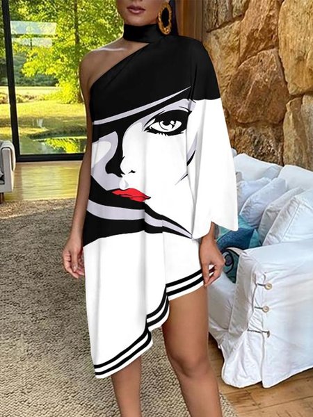 

Vacation Loose Face Halter Dress, Black-white, Mini Dresses