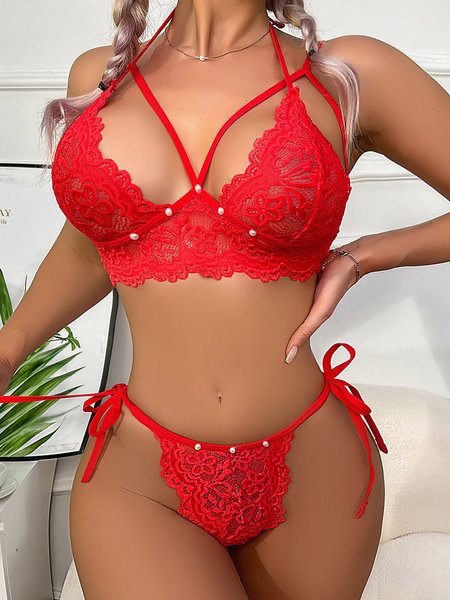 

Valentine's Day Pearl Lace Hollow Thong Red Sexy Lingerie Set, Bra&Panty