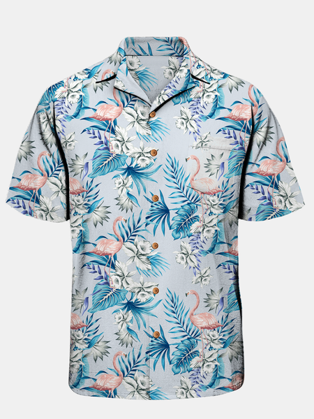 

Hawaiian Floral Flamingo Chest Pocket Short Sleeve Resort Shirt, Blue, Men Shirts