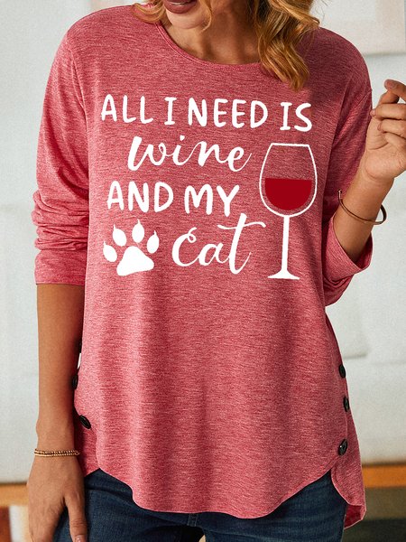 

Women's All I Need Is Wine And My Cat Letters Casual Cotton-Blend T-Shirt, Pink, T-shirts