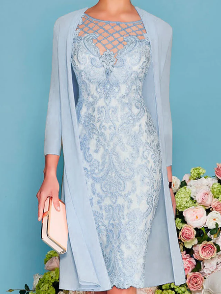 

Vacation Crew Neck Chiffon Two-Piece Set, Blue, Formal Dresses