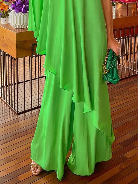 

Vacation Loose Plain Fashion Wide leg Pants, Green, Pants