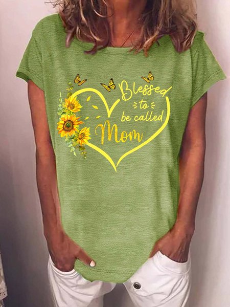 

Women’s Blessed To Be Called Mom Sunflower Heart Casual Cotton T-Shirt, Green, T-shirts
