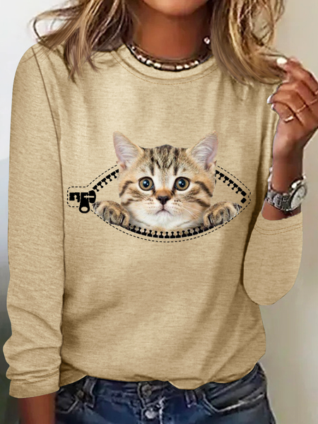 

Women’s Funny Cat Simple Regular Fit Cotton-Blend Long Sleeve Shirt, Khaki, Long sleeves