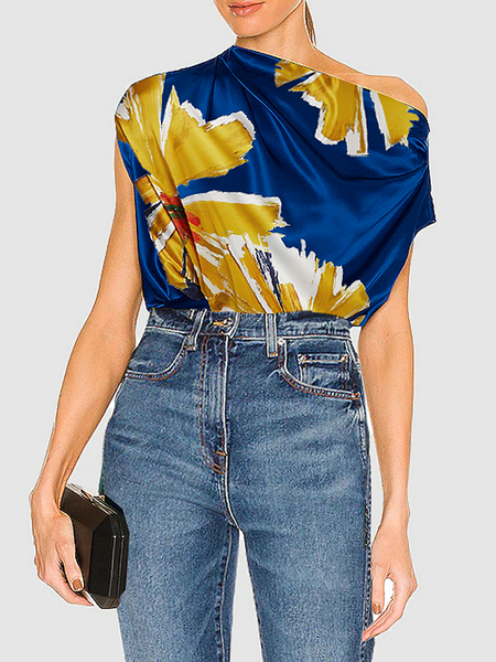 

Loose Satin Urban Floral Asymmetrical Cap sleeve Shirt, Blue, Blouses and Shirts