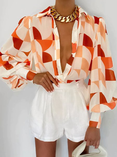 

Shirt Collar Loose Geometric Print Urban Blouse, Orange, Blouses and Shirts