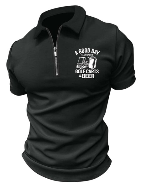 

Men’s A Good Day Starts With Golf Carts & Beer Polo Collar Casual Regular Fit Text Letters Polo Shirt, Black, T-shirts