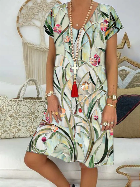 

V Neck Casual Knitted Floral Dress, Green, Dresses