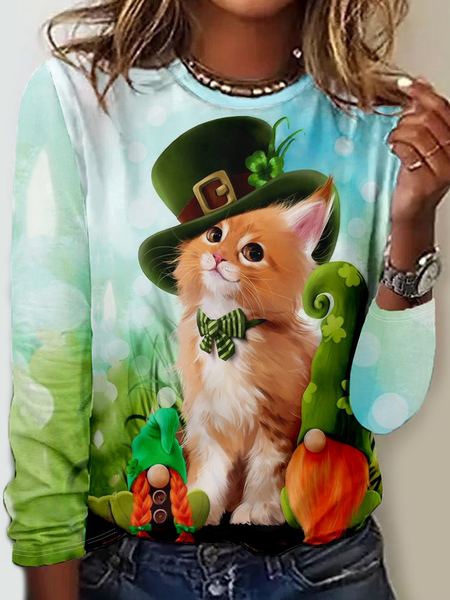 

Women’s St.Patrick’s Day Cat Pattern Crew Neck Casual Shirt, As picture, T-Shirts
