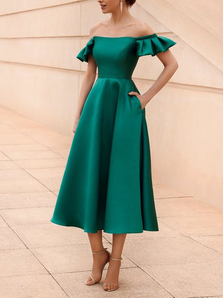 

Regular Fit Plain Cold Shoulder Elegant Party Dress, Green, Cocktail Dresses