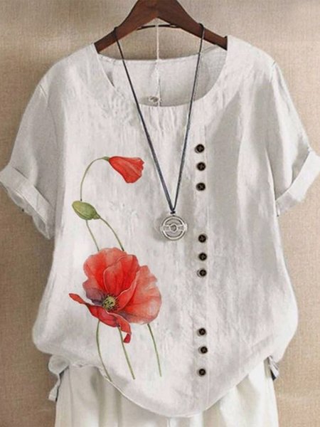 

Crew Neck Floral Casual Cotton Buttoned Shirt, White, Blouses & Shirts