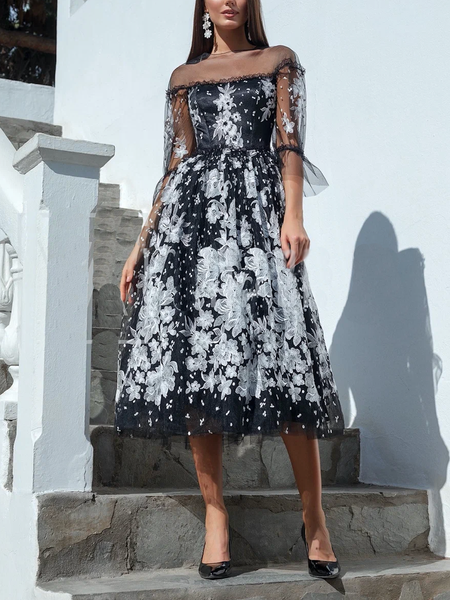 

Crew Neck Regular Fit Elegant Lace Wedding Guest Dress, Black-white, Maxi Dresses
