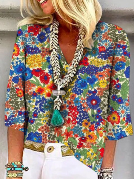 

Casual Loose V Neck Floral Shirt, Multicolor, Shirts & Blouses