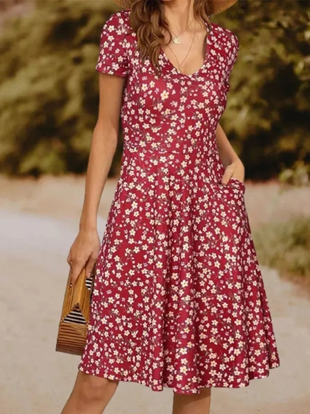 

V Neck Casual Floral Loose Dress, Red, Dresses