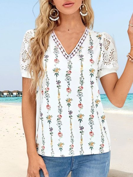 

Lace V Neck Boho Floral Shirt, White, Shirts & Blouses