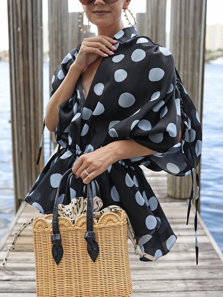 

Shirt Collar Polka Dots Elegant Loose Blouse, Blue, Blouses and Shirts