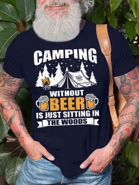 

Men's Camping Without Beer Is Just Sitting In The Woods Funny Graphic Printing Crew Neck Cotton Casual T-Shirt, Purplish blue, T-shirts